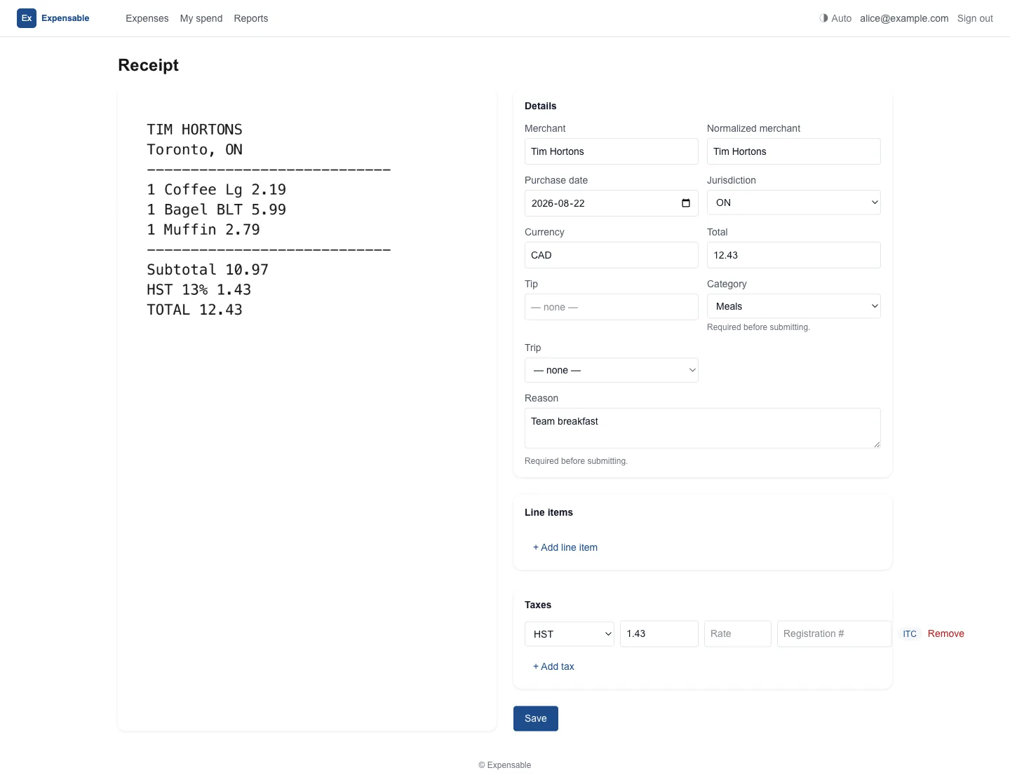 A receipt opened in Expensable: the scanned Tim Hortons receipt on the left, with merchant, date, currency, total, category and HST tax already filled in on the right.